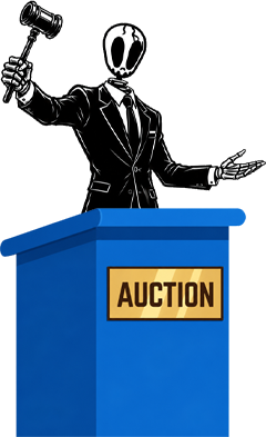 Skelly auctioneer in a black suit with a gavel behind the auction podium